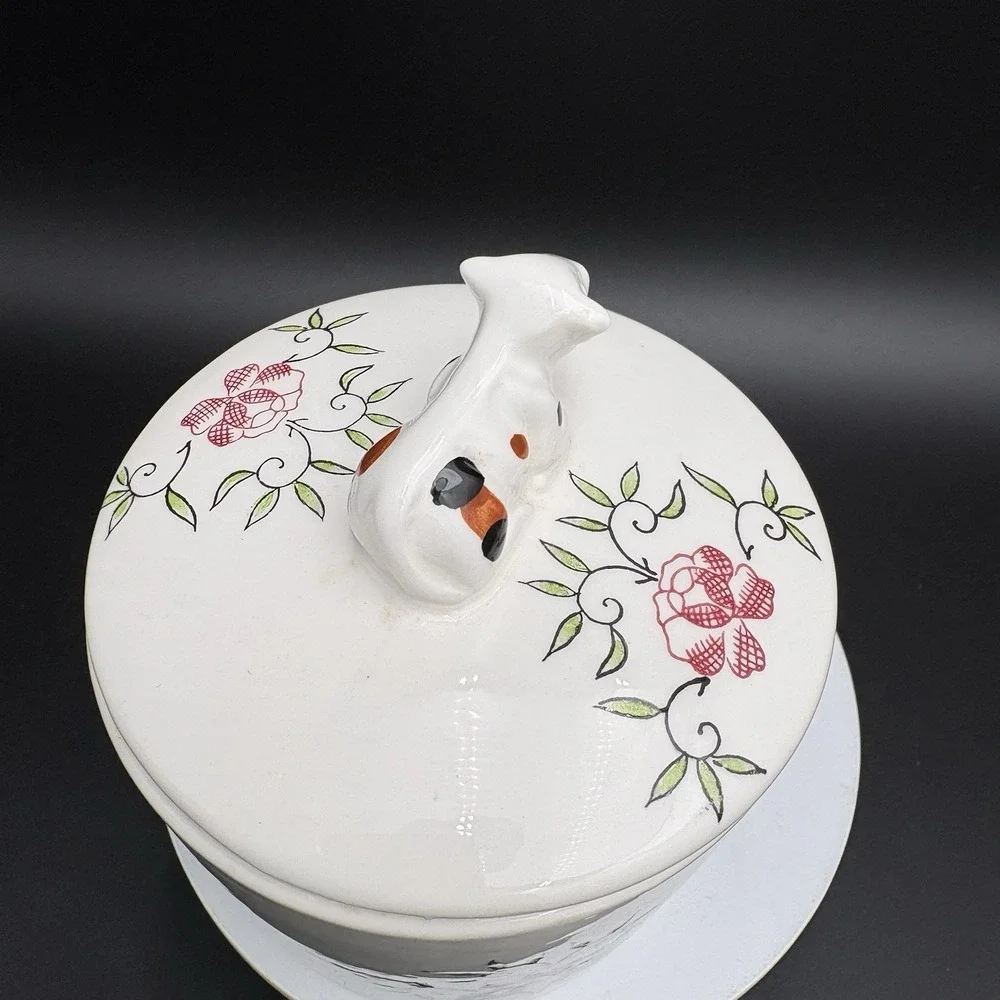 Vintage Butter Grease Crock W/ Lid Chickens Cows 4.75